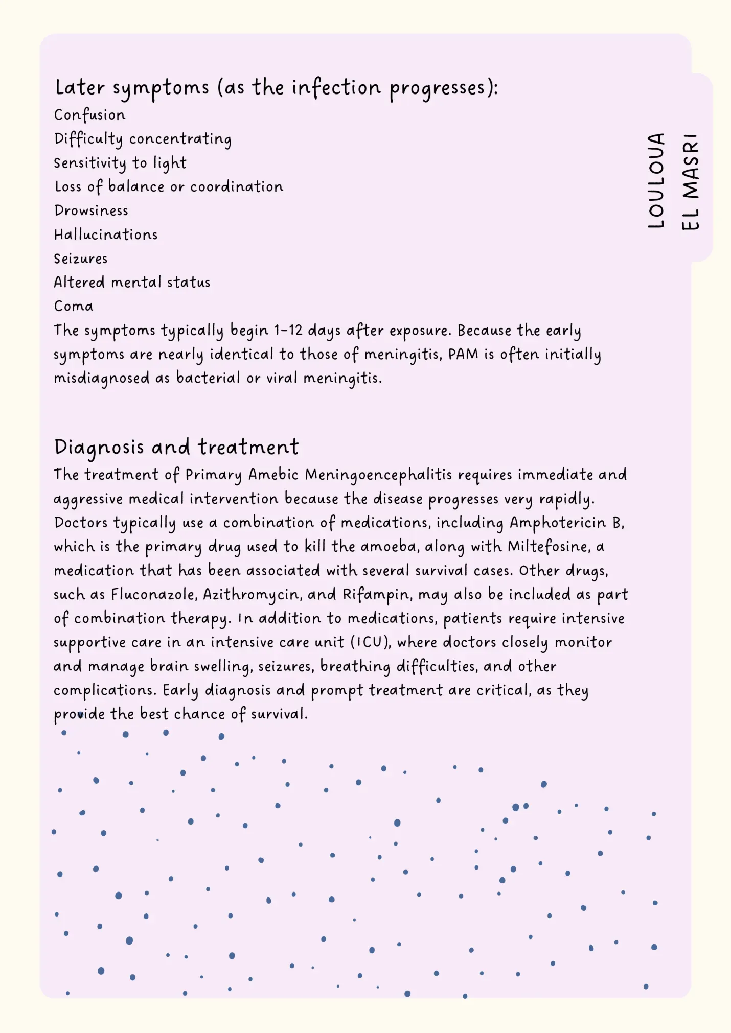 Later symptoms of Primary Amebic Meningoencephalitis as the infection progresses, plus how it is diagnosed and treated.